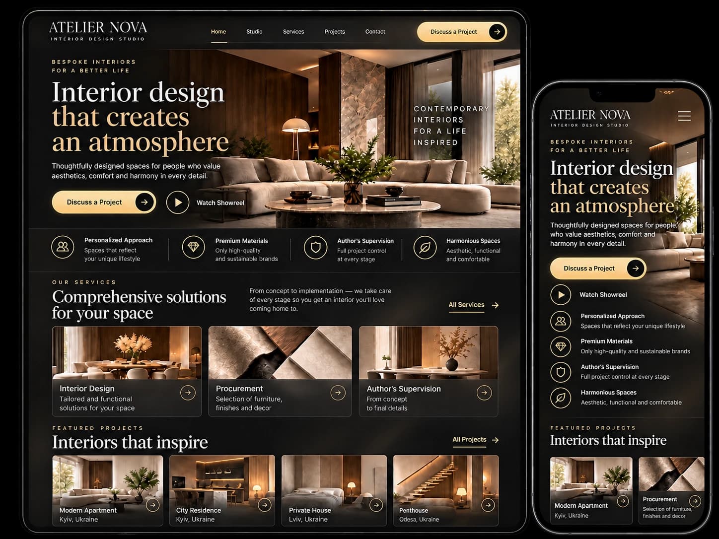 English ATELIER NOVA interior design studio website concept, desktop and mobile