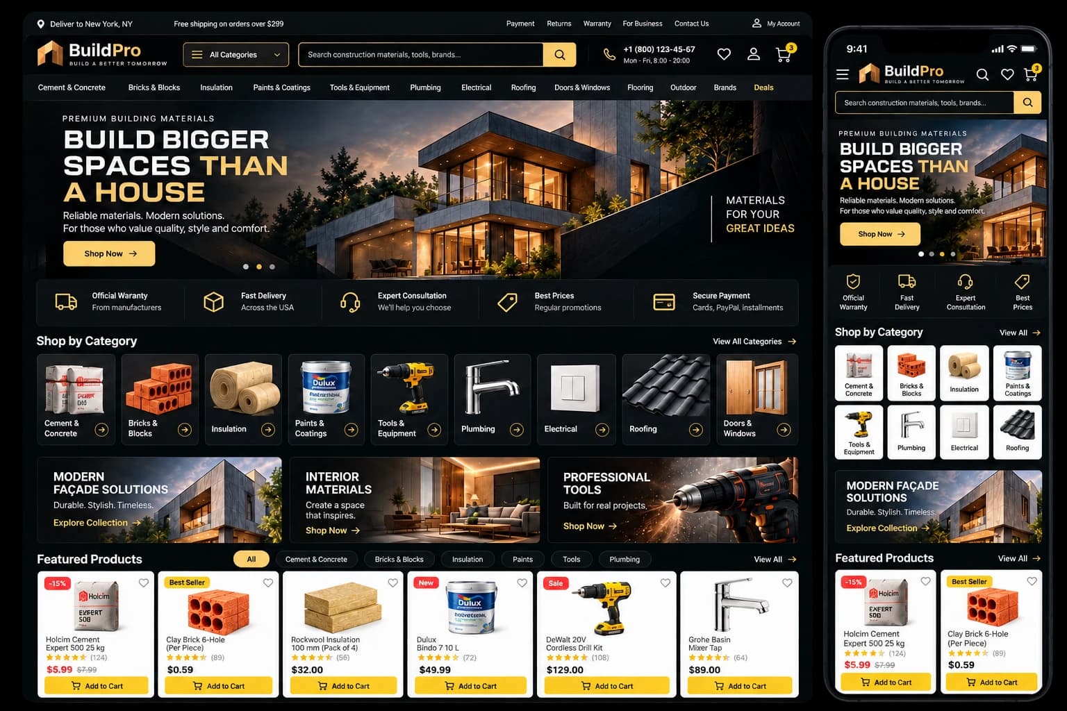 English BuildPro construction supplies online store concept, desktop and mobile