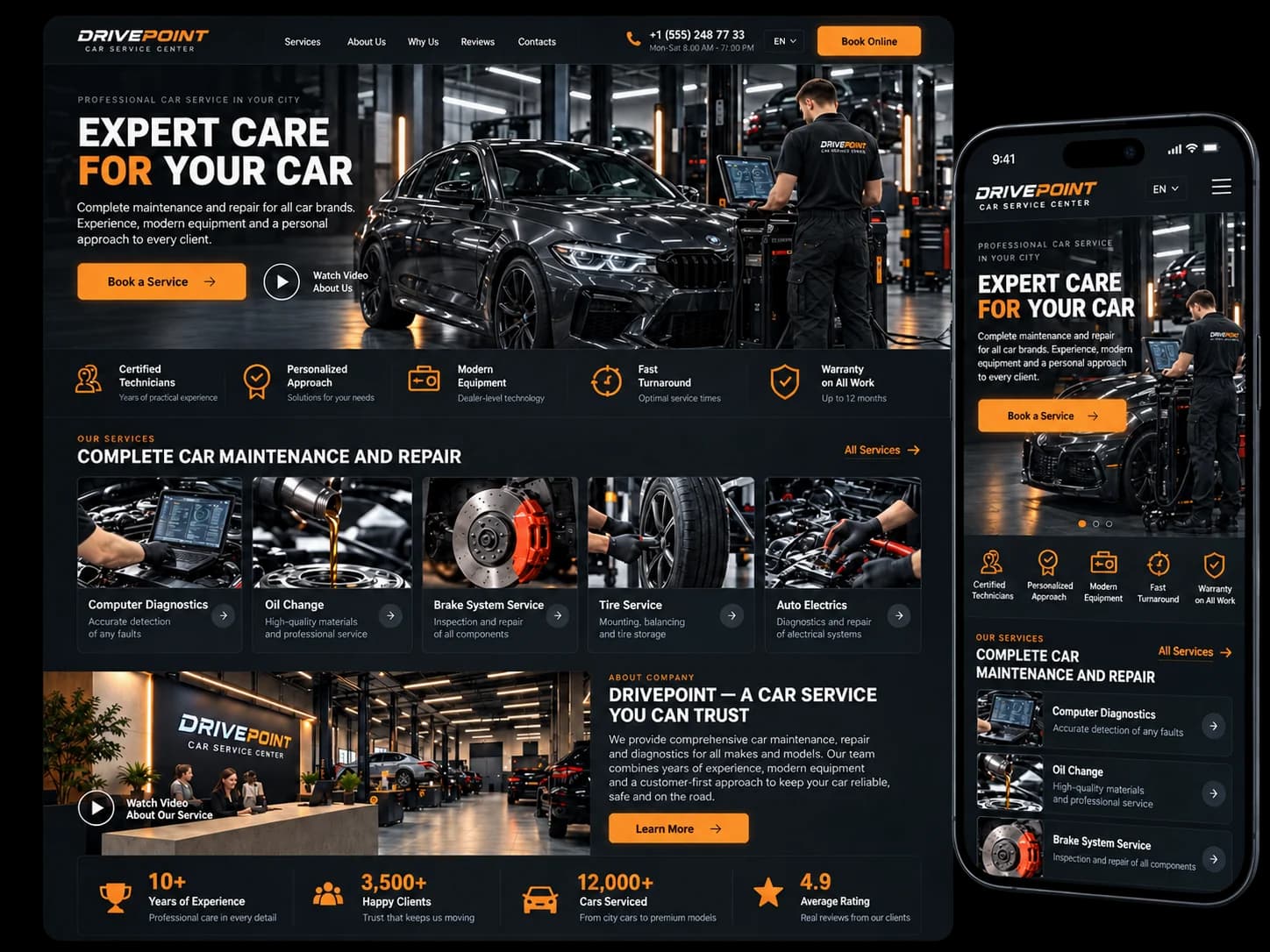 English DRIVEPOINT concept: a car service website on desktop and smartphone