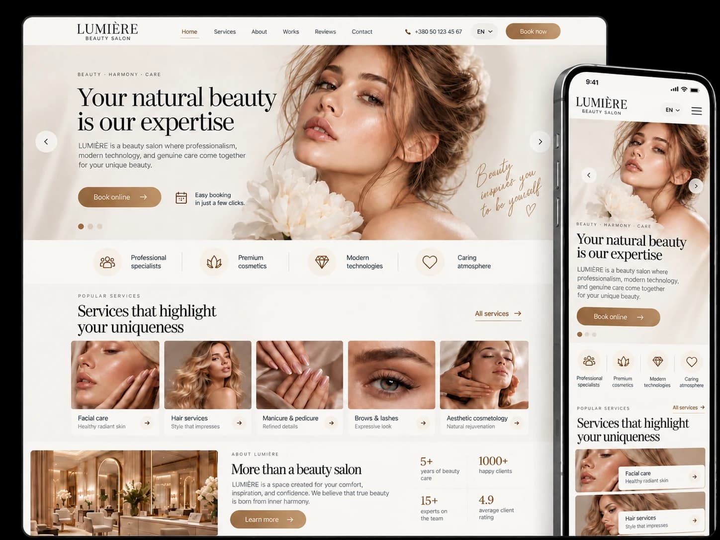 English LUMIÈRE design concept: a beauty salon website on desktop and smartphone