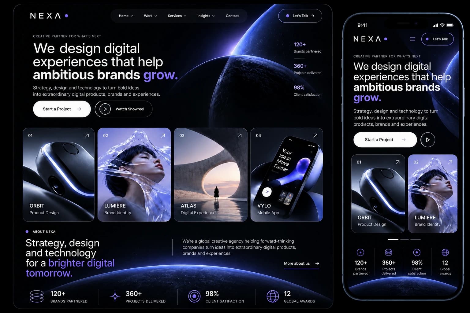 English NEXA creative agency website concept, desktop and mobile