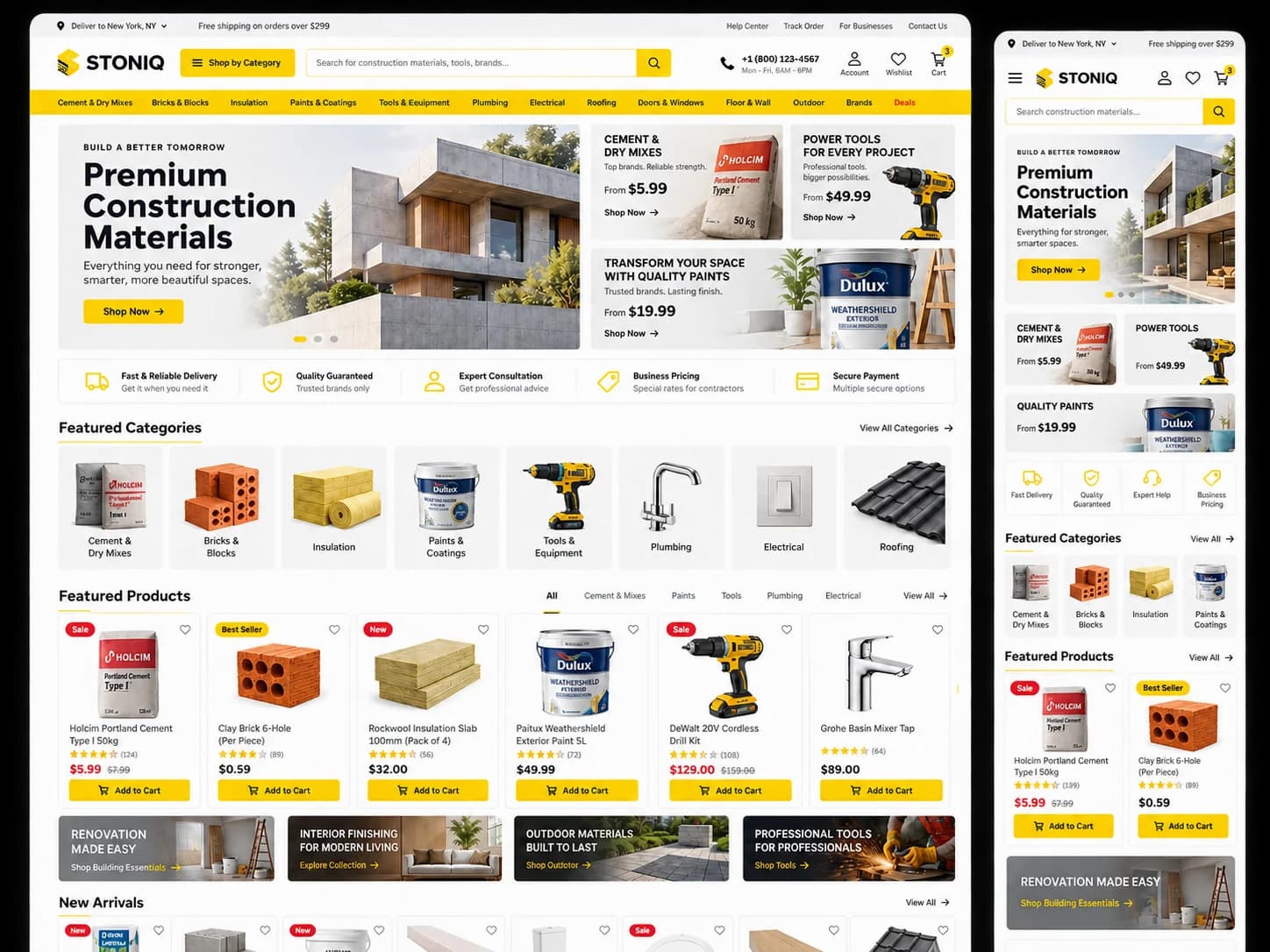 English STONIQ construction supplies online store concept, desktop and mobile