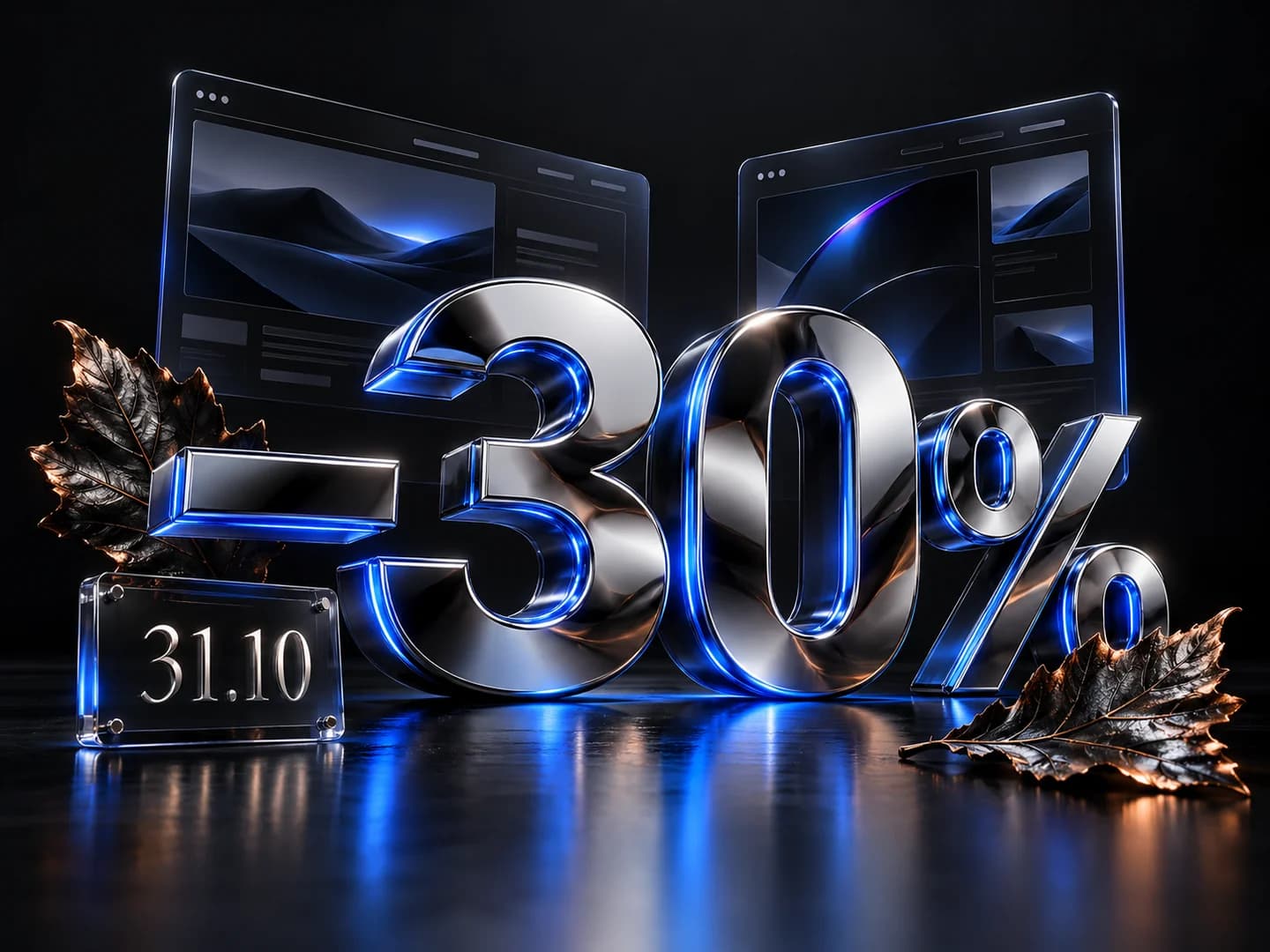Chrome −30% offer, a 31.10 calendar and website mockups with blue lighting