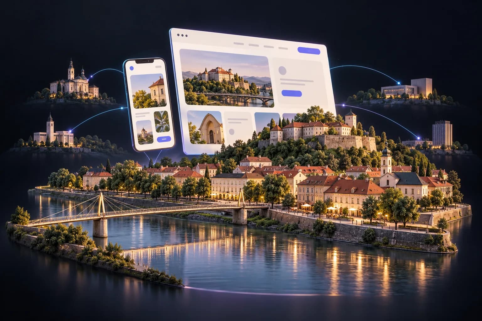 Artistic Uzhhorod illustration with a river, pedestrian bridge, castle and desktop and mobile website interfaces