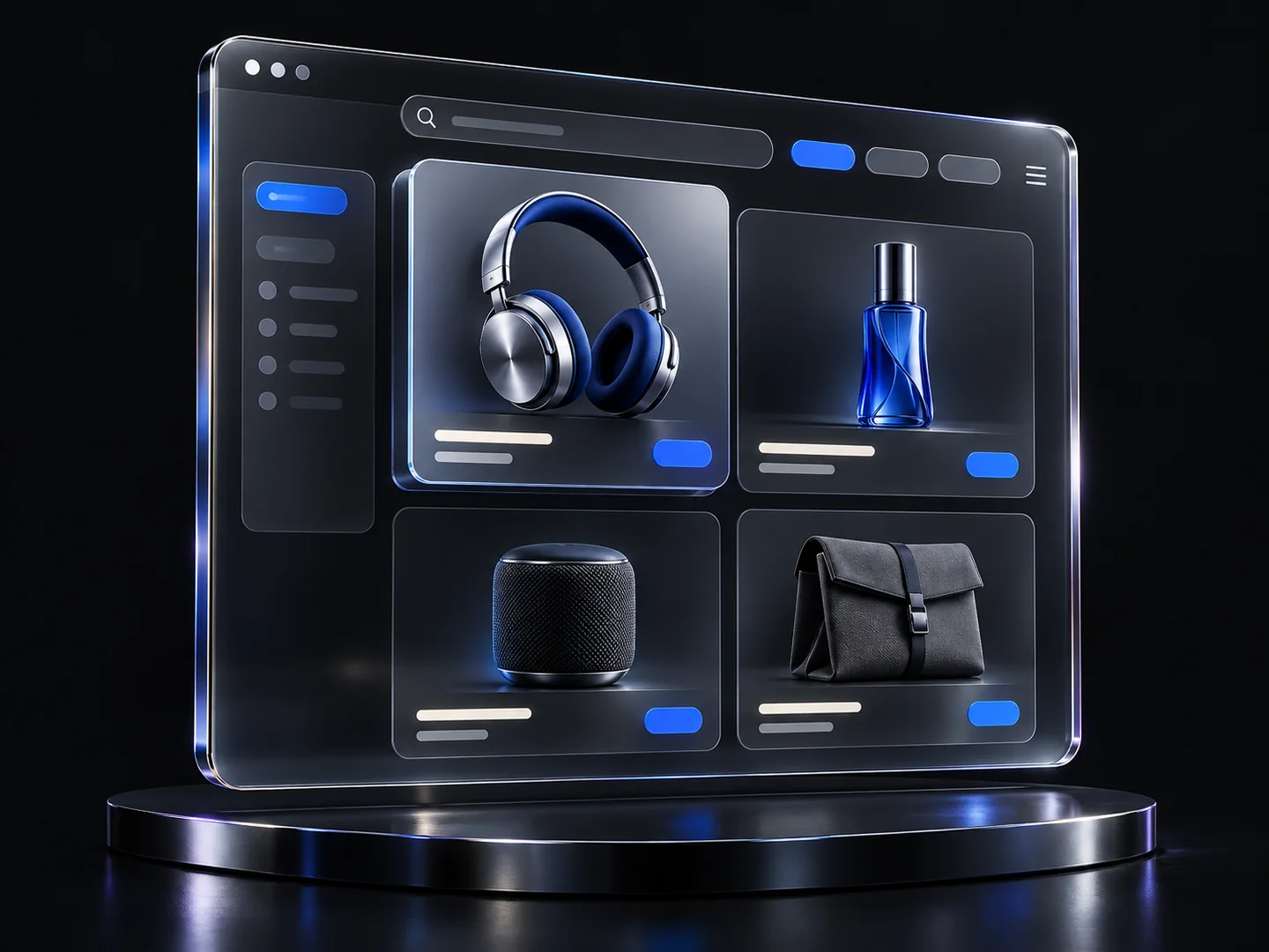 A glass online store interface with a product catalogue and a highlighted headphone card in graphite and blue