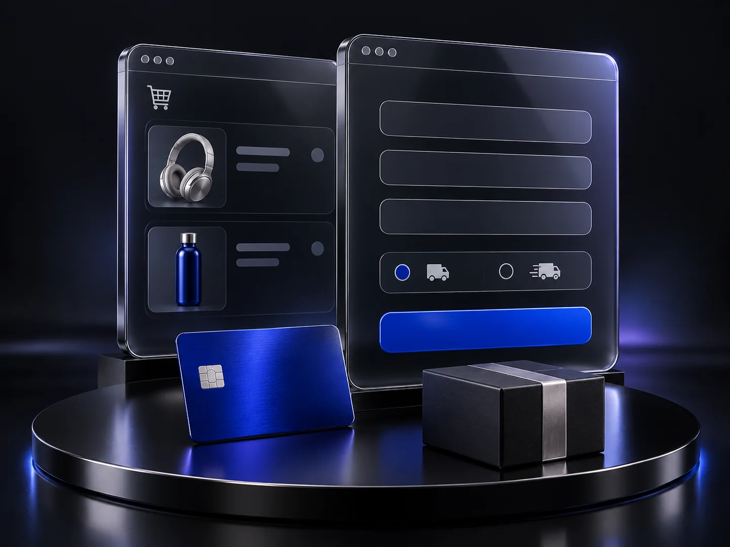 A three-dimensional cart and checkout illustration with glass panels, a payment card and a parcel
