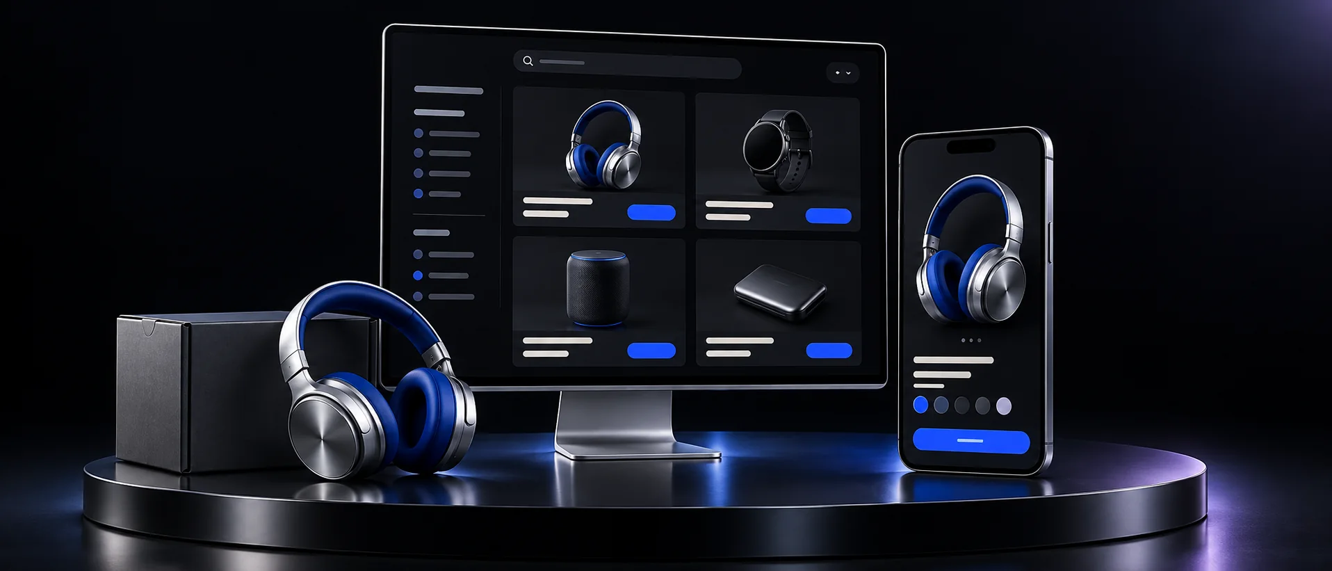 An online store on a desktop and phone, showing a catalogue and a responsive headphone product page