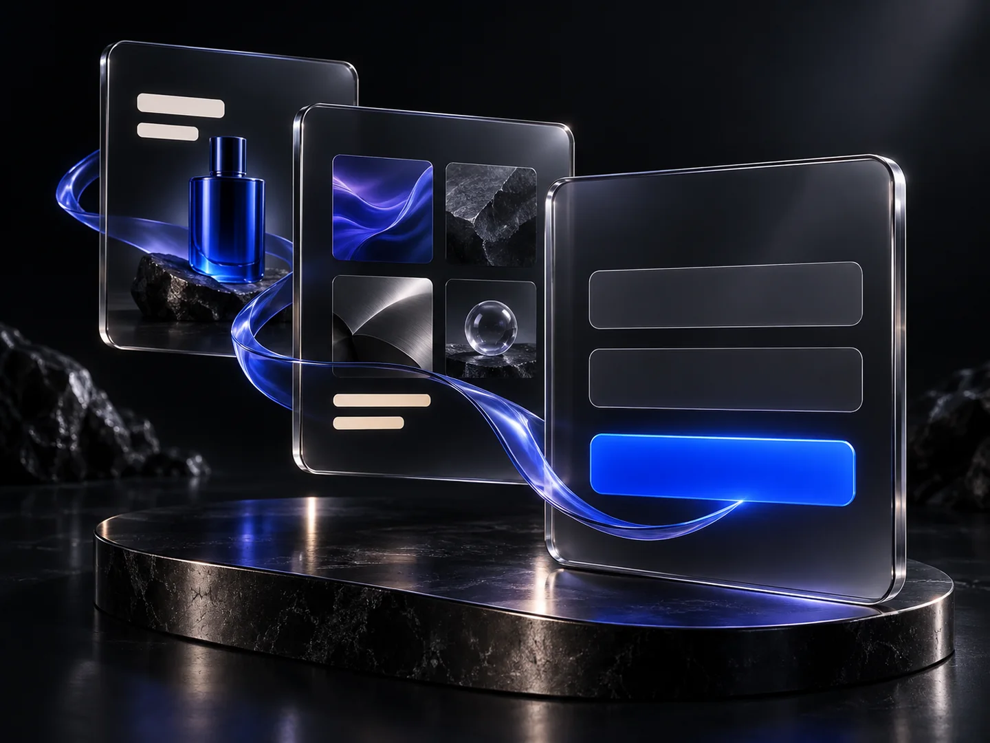 Glass offer and benefit panels connected by a blue ribbon to an enquiry form