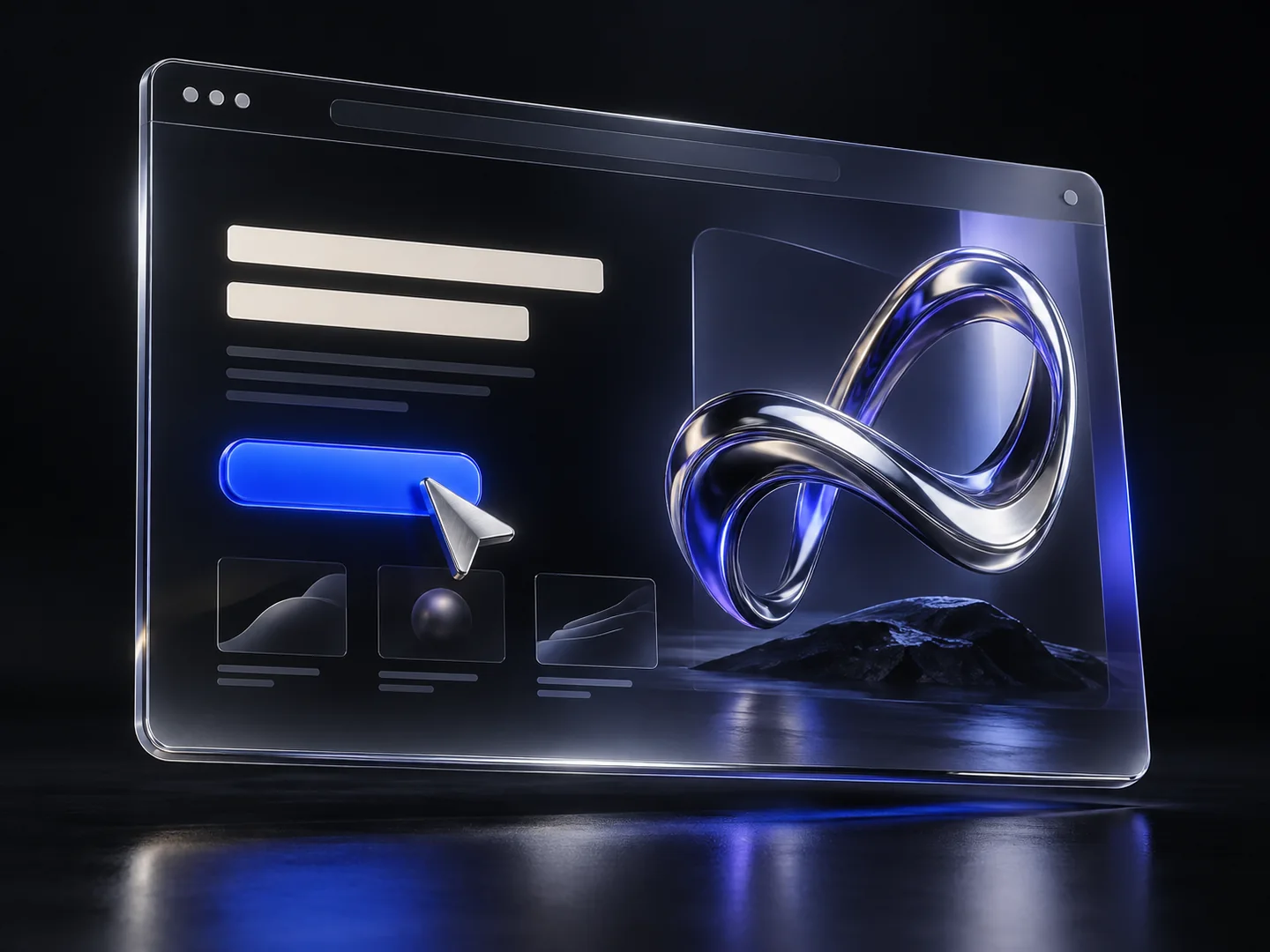 A landing page opening with a glass panel, chrome sculpture and a blue call-to-action button