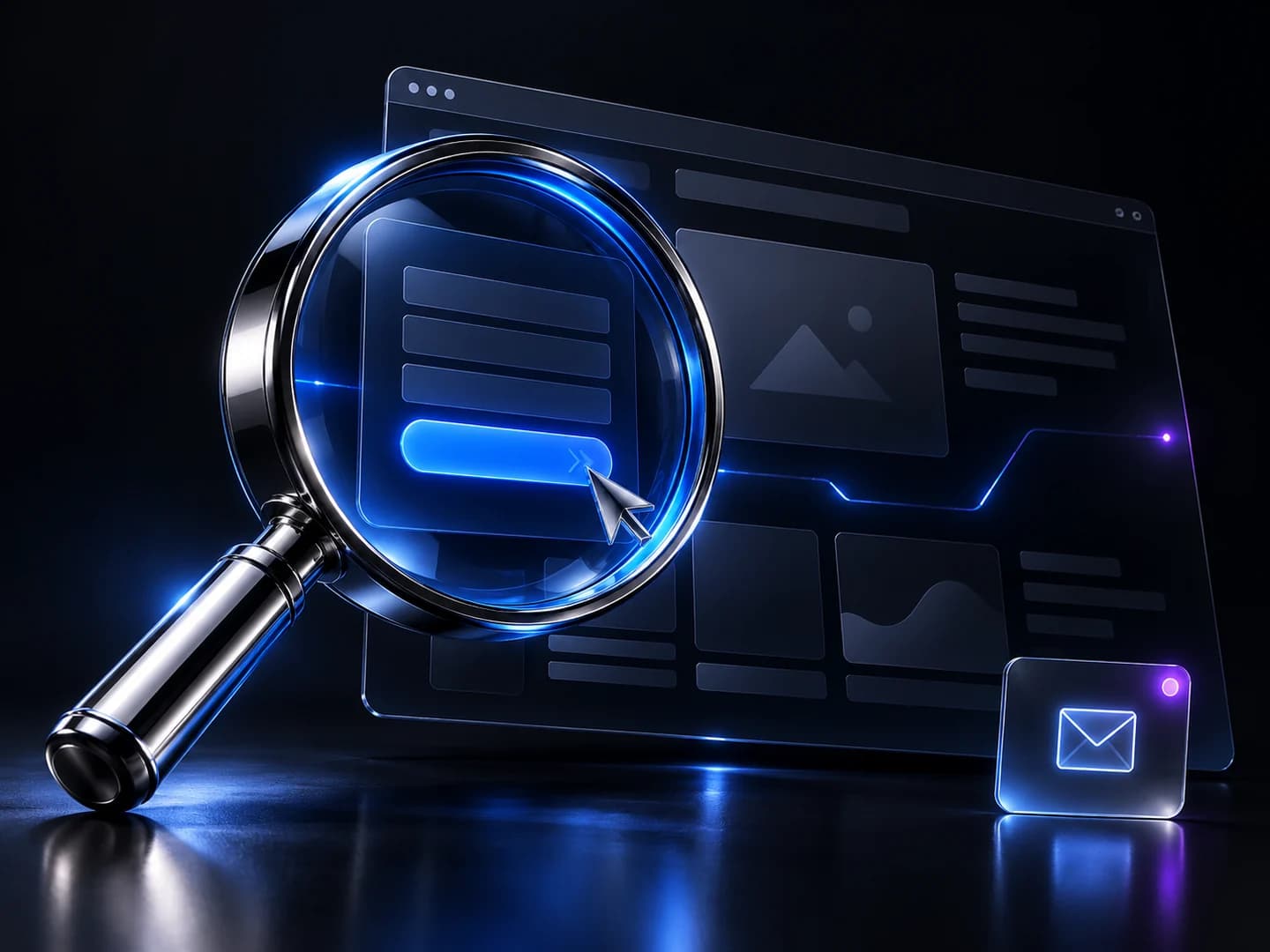 A chrome magnifying glass highlights an enquiry form and blue button on a dark website interface