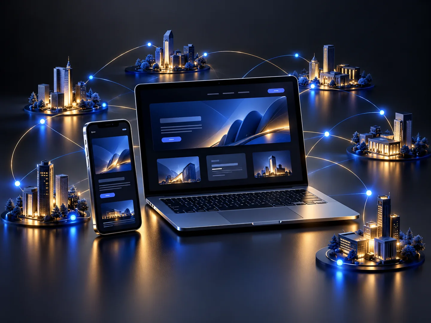A laptop and smartphone with website interfaces surrounded by connected cities, illustrating QODEVRA’s remote work across Ukraine