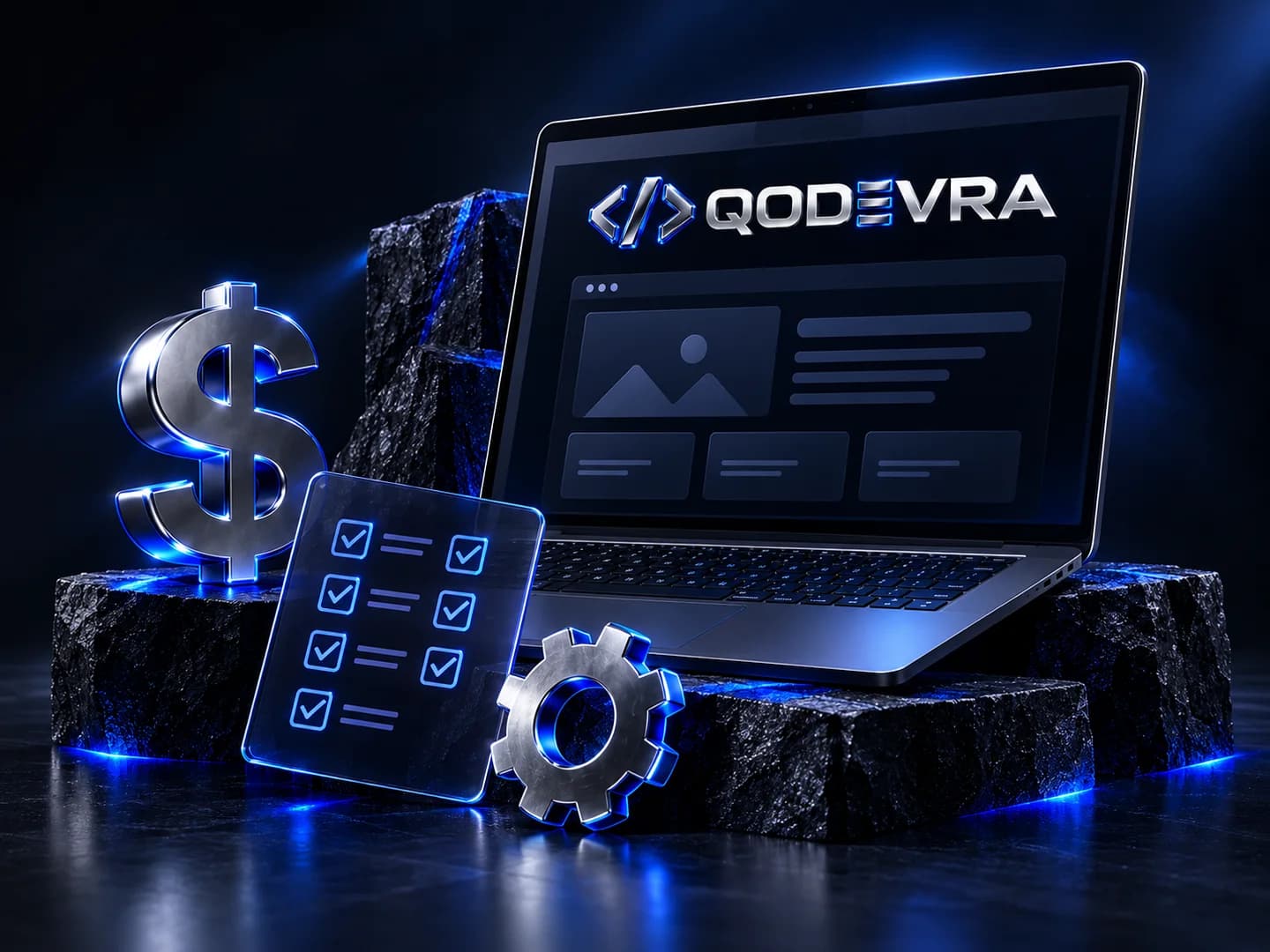 A laptop with the QODEVRA logo, a currency symbol, a checklist and a chrome gear