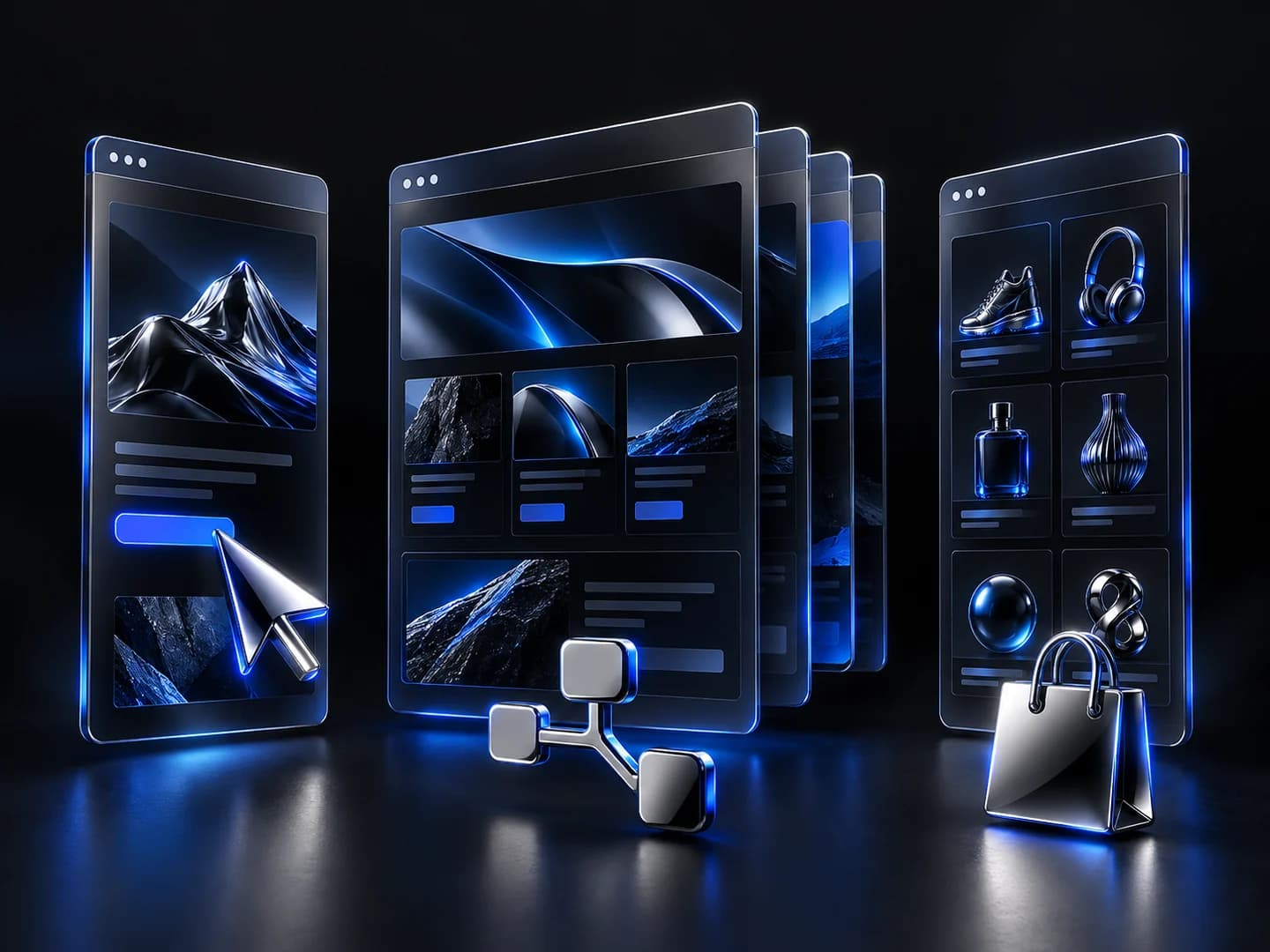 A landing page, a multi-page website and an online store as glass interfaces with chrome symbols
