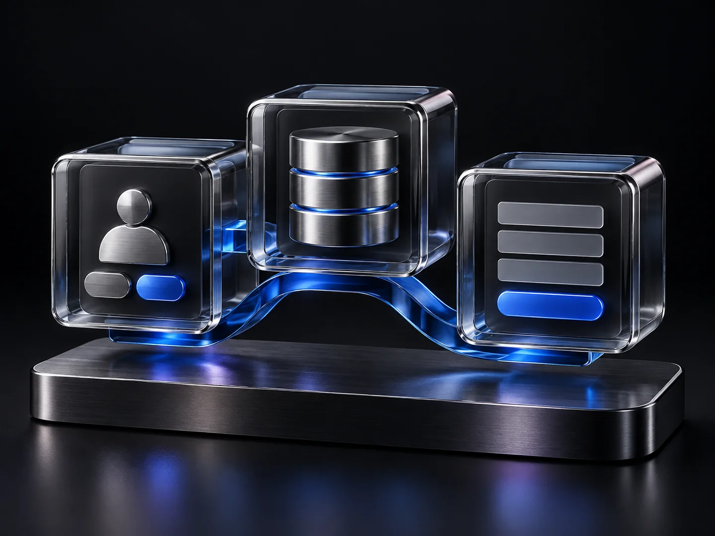 Three-dimensional application modules: a user profile, data storage and a form connected by a blue glass ribbon
