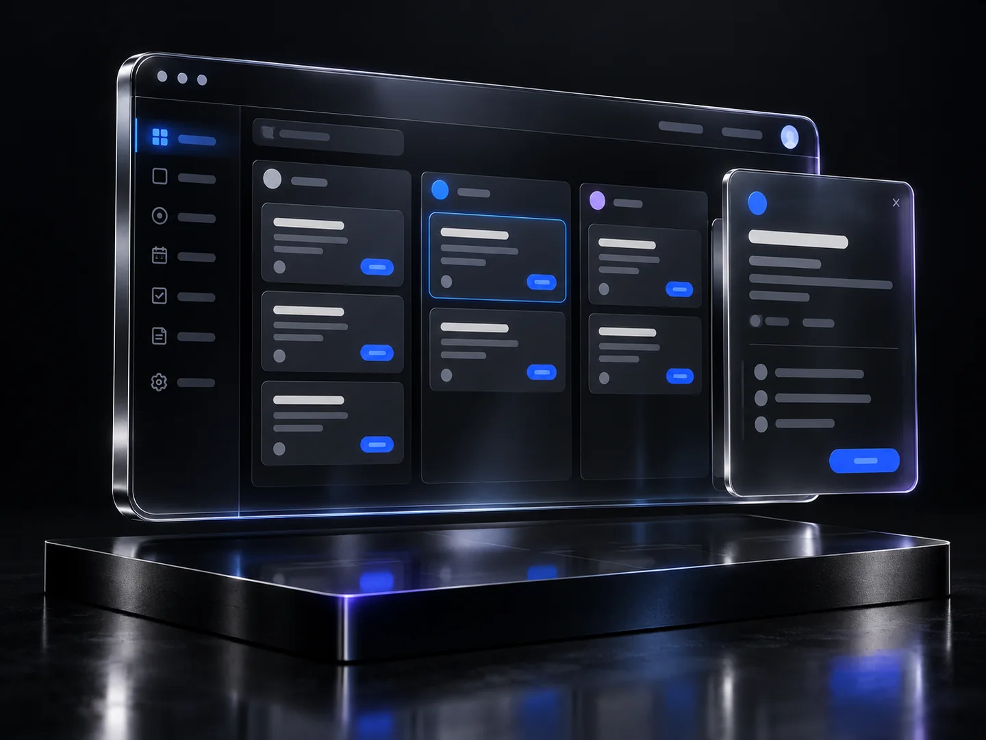 A glass web application interface with sidebar navigation, a task board and a separate detail panel